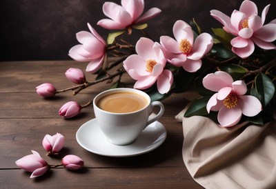 Fresh coffee alongside blooming magnolia flowers