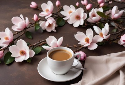 Morning coffee and blossoms create a serene moment