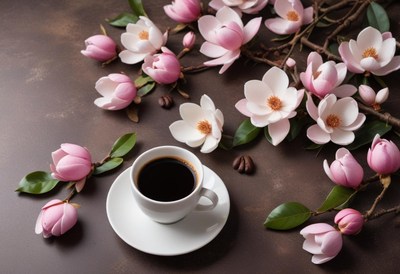 Coffee cup surrounded by pink magnolia flowers