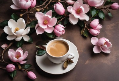 Coffee cup surrounded by blooming magnolia flowers