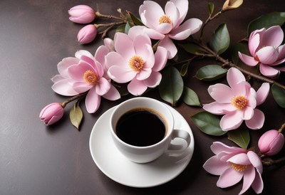Enjoying coffee beside delicate pink flowers