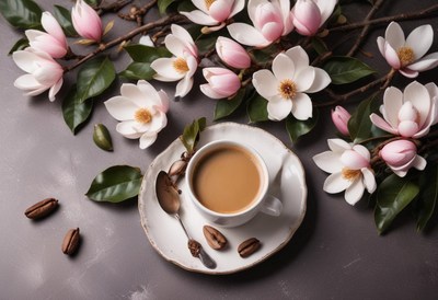 Coffee with flowers arranged on a grey surface