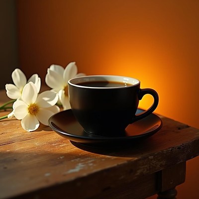 Cozy coffee cup with flowers on rustic wooden table