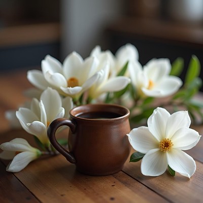 Enjoying coffee with magnolia blossoms on a wooden table