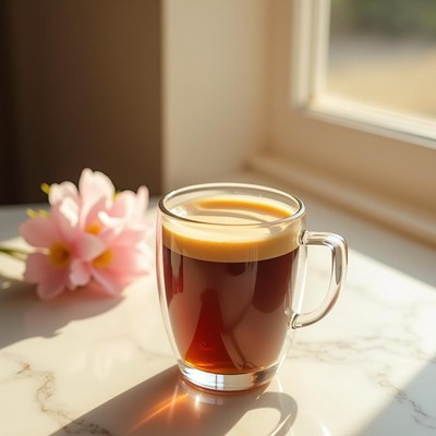 Warm coffee rests by a sunlit window with blooms