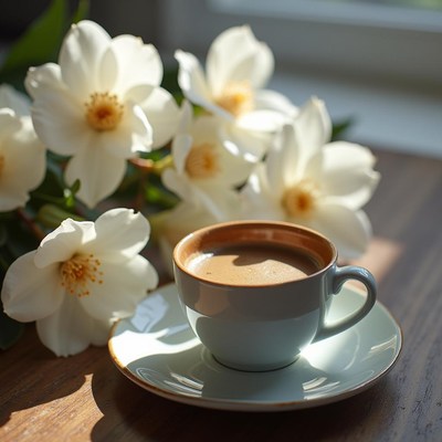 Coffee in a sunny room with blooming white flowers