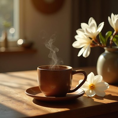 Warm cup of coffee beside blooming flowers at morning light