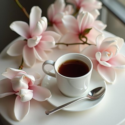 Enjoying tea with delicate pink magnolia flowers