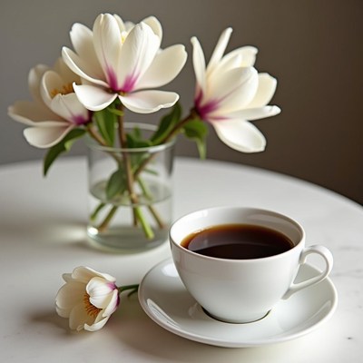 Enjoying coffee with fresh magnolia flowers