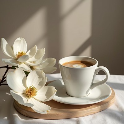 Elegant coffee moment with flowers in soft sunlight