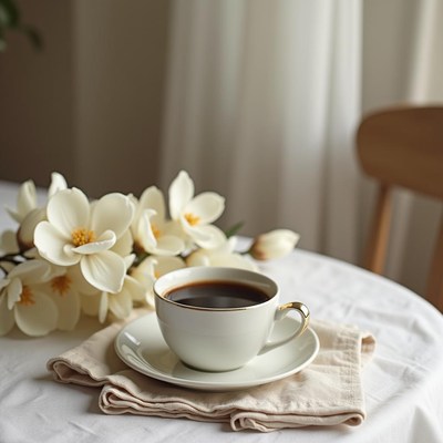 Coffee cup and flowers on a table in bright room