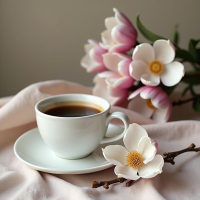 Enjoying coffee with flowers in a cozy setting