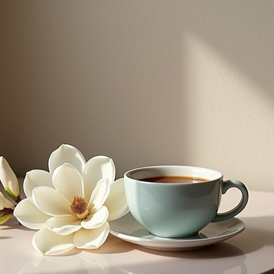 Coffee and magnolia bloom create a serene moment