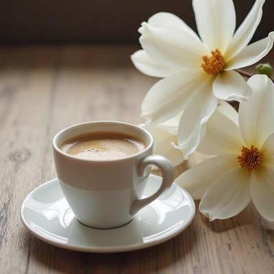 Coffee cup beside blooming white flowers on wooden table