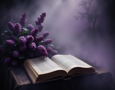 Open book with purple flowers in a mystical setting