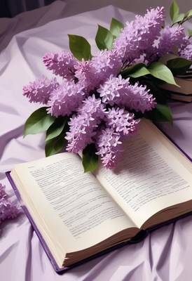 Purple lilacs resting on an open book with soft lighting