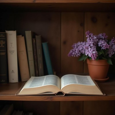 Open book with flowers on a wooden shelf in a cozy room