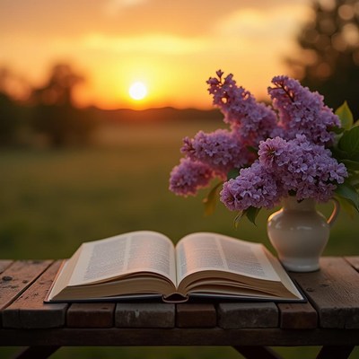Sunset reading with flowers on a quiet table