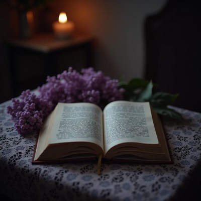 Relaxing evening reading with flowers and candlelight