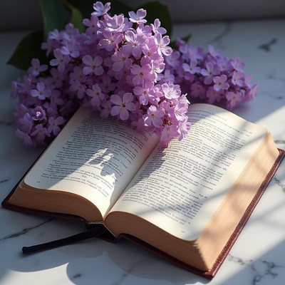 Flowers beside an open book on a marble surface