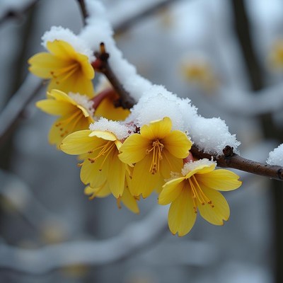 Yellow flowers covered in snow during winter season