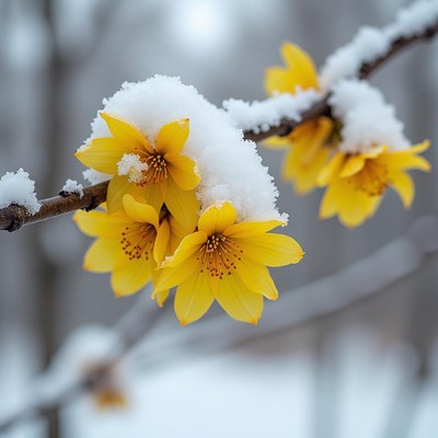 Snow-covered yellow flowers bloom in winter landscape