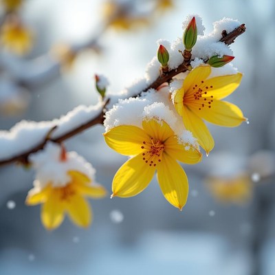 Yellow flowers blooming with snow on branches