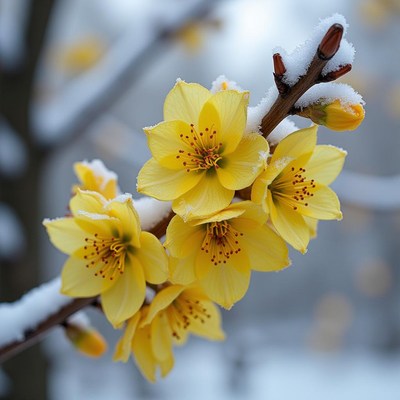 Yellow flowers bloom under snow in winter landscape