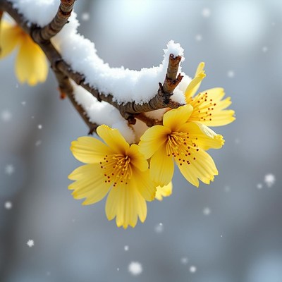 Snow-covered yellow flowers bloom in winter landscape