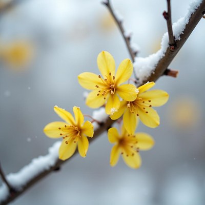 Yellow flowers bloom amid snow in winter landscape