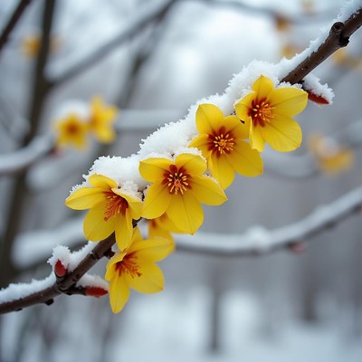 Bright yellow blossoms contrast against winter snow