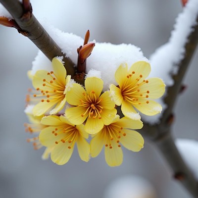 Yellow blossoms covered in snow during winter's chill