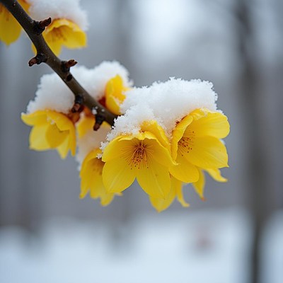 Yellow flowers covered in snow during winter season