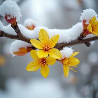 Beautiful yellow flowers blooming in snowy winter landscape
