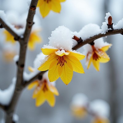 Yellow flowers blooming against a snowy background