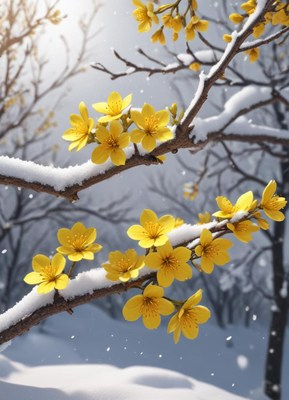 Yellow flowers blooming on a snow-covered branch