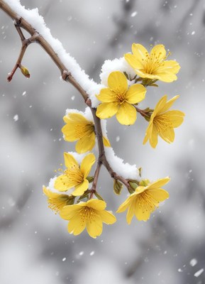 Bright yellow flowers bloom amidst falling snowflakes