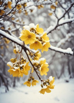 Yellow flowers bloom under fresh snow in a winter landscape