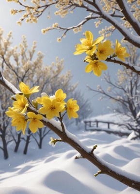 Blossoming yellow flowers in winter landscape setting
