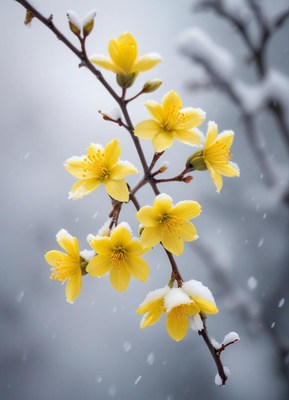Yellow flowers blooming amidst falling snow in winter
