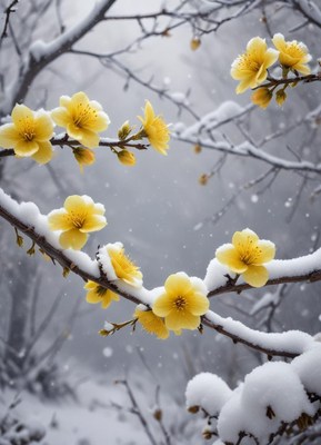 Blossoming yellow flowers contrast against snowy backdrop