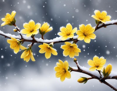 Yellow flowers bloom under fresh snow in winter