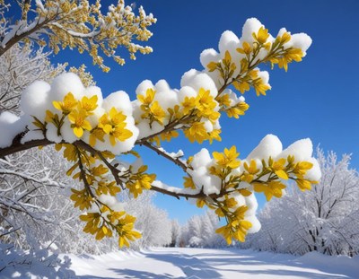 Yellow flowers bloom on snow-covered tree in winter