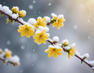 Yellow flowers bloom under snow in winter landscape