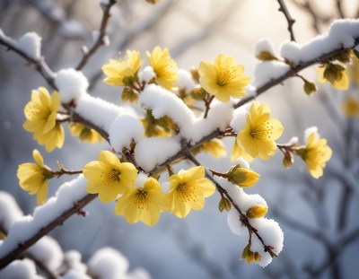 Yellow blossoms covered in snow during winter season