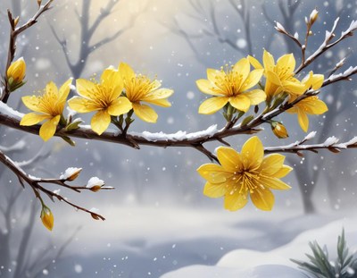 Yellow flowers bloom on snowy branch in winter landscape