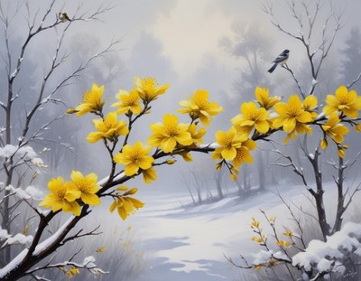 Yellow blossoms contrast against winter landscape