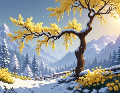 Snowy mountain landscape with vibrant yellow tree in spring