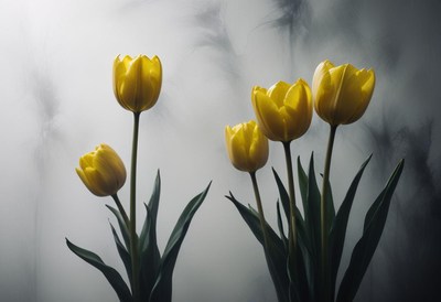 Yellow tulips blooming in misty atmosphere