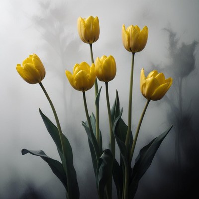 Yellow tulips stand out in a soft misty background